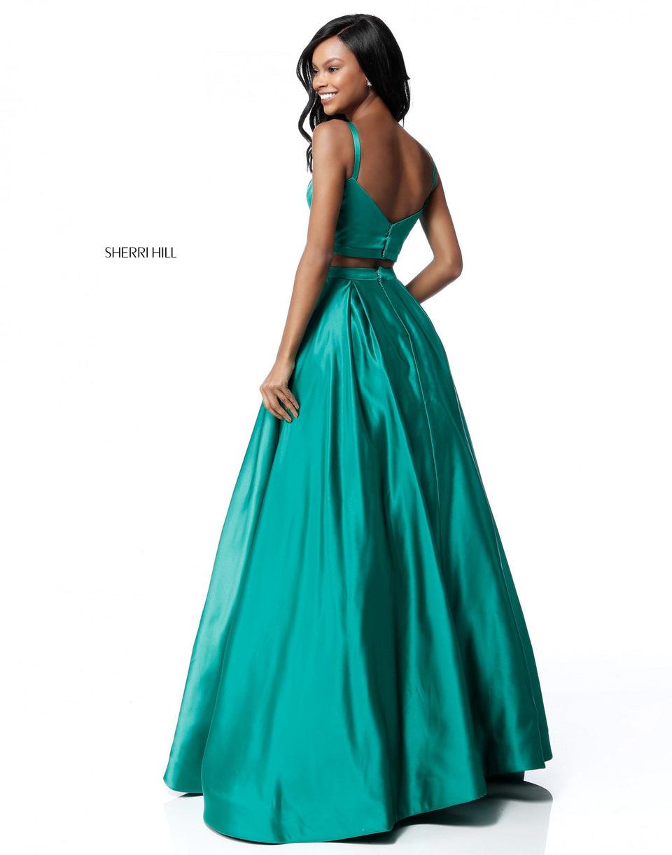 Sherri Hill Satin Two Piece Ball Gown With Beaded Detail On Pockets