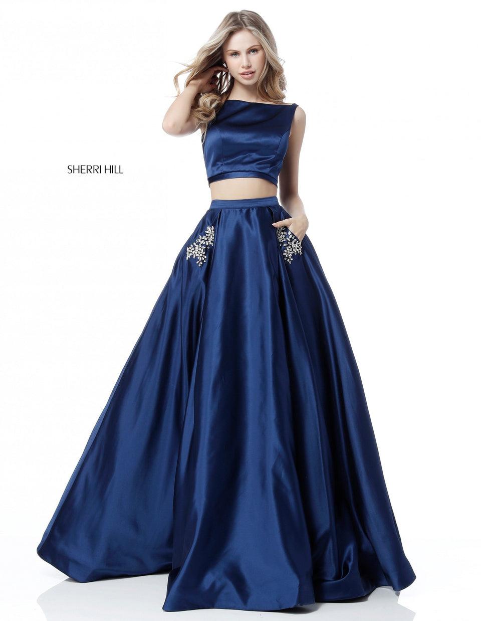 sherri hill Satin two piece ball gown with beaded detail on pockets