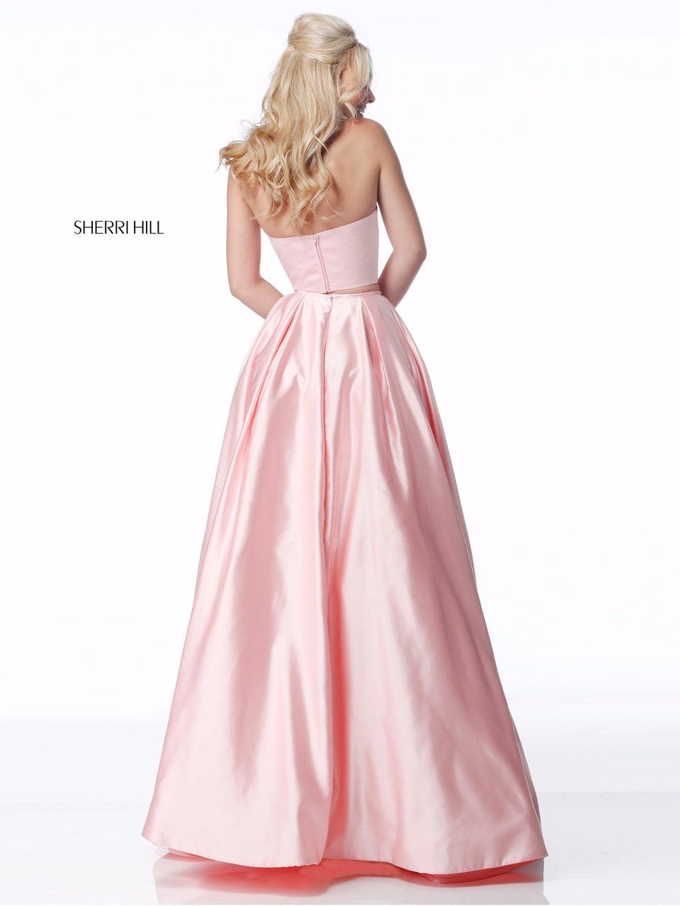 Sherri Hill Satin Two Piece Ball Gown With Strapless Bodice And Beaded Cherries On Skirt Pockets