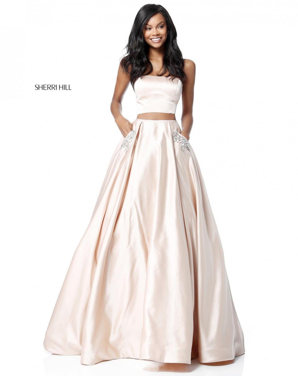Sherri Hill Satin Two Piece Ball Gown With Strapless Bodice And Beaded Detail On Pockets