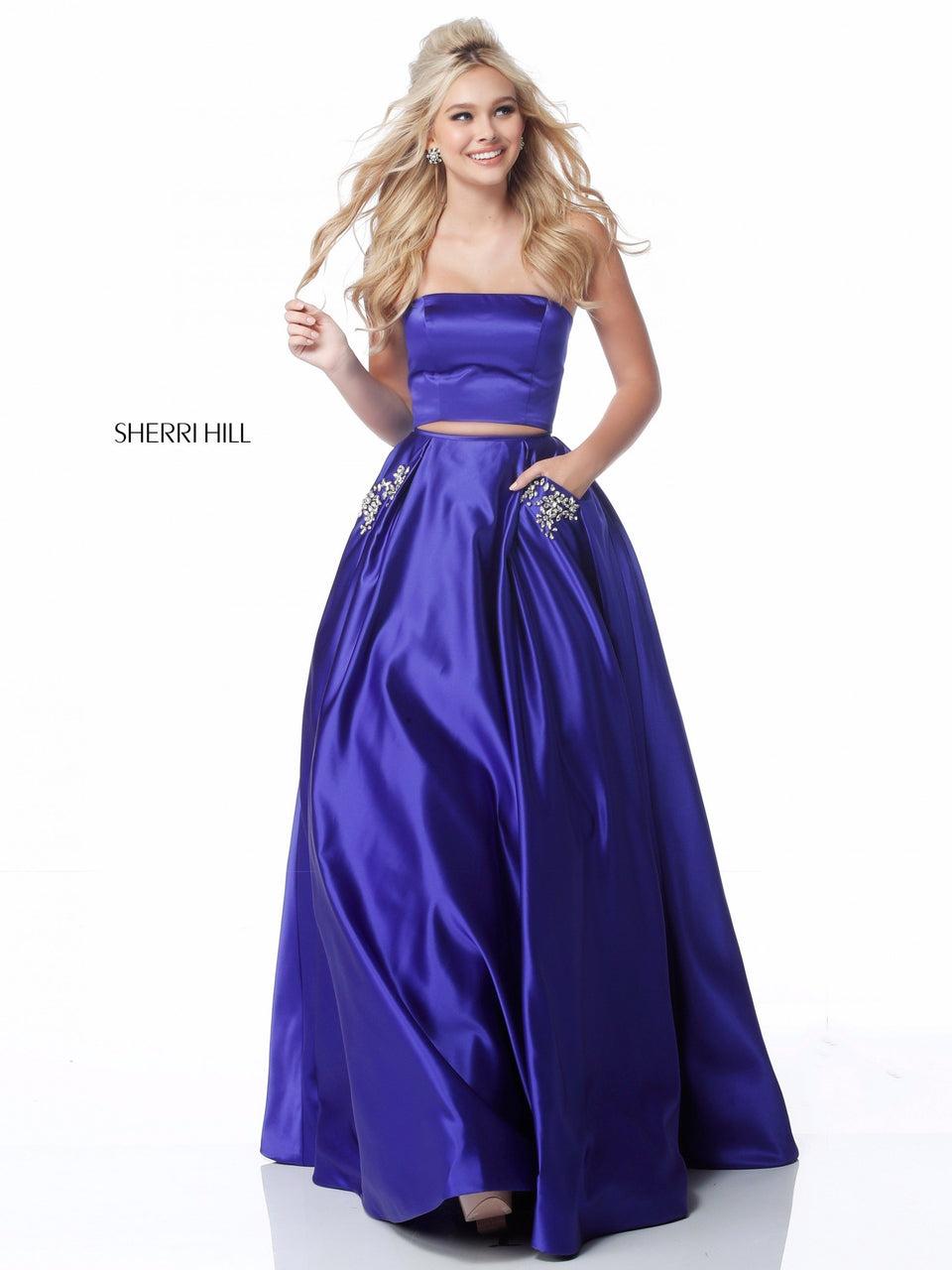 Sherri Hill Satin Two Piece Ball Gown With Strapless Bodice And Beaded Detail On Pockets