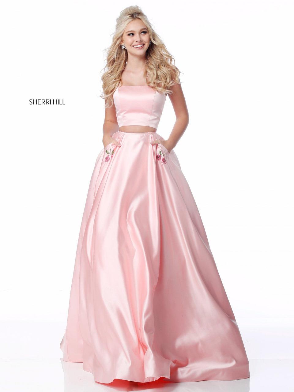 sherri hill Satin two piece ball gown with strapless bodice and beaded cherries on skirt pockets