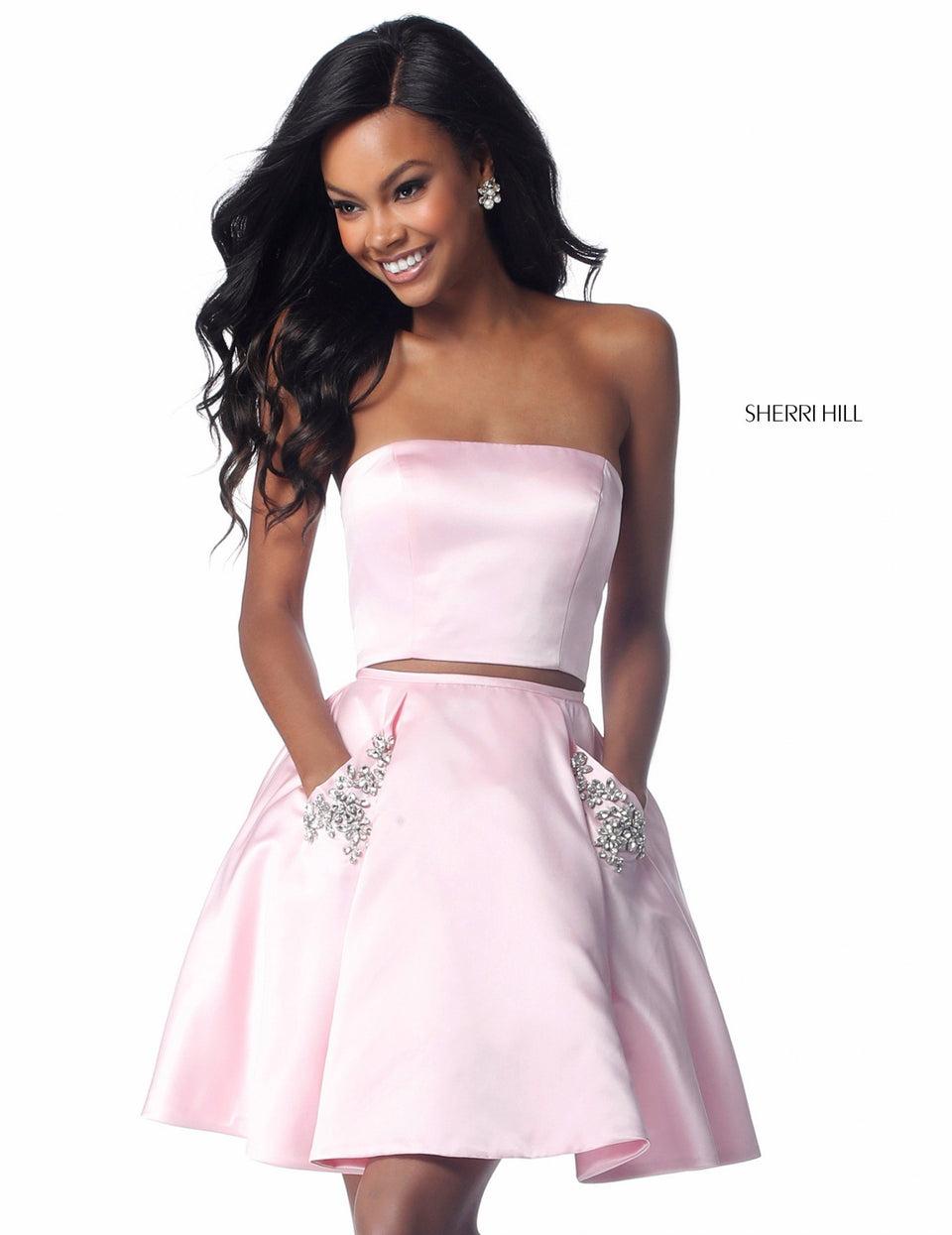 Sherri Hill Satin Two Piece Cocktail With Strapless Bodice And Beaded Pockets