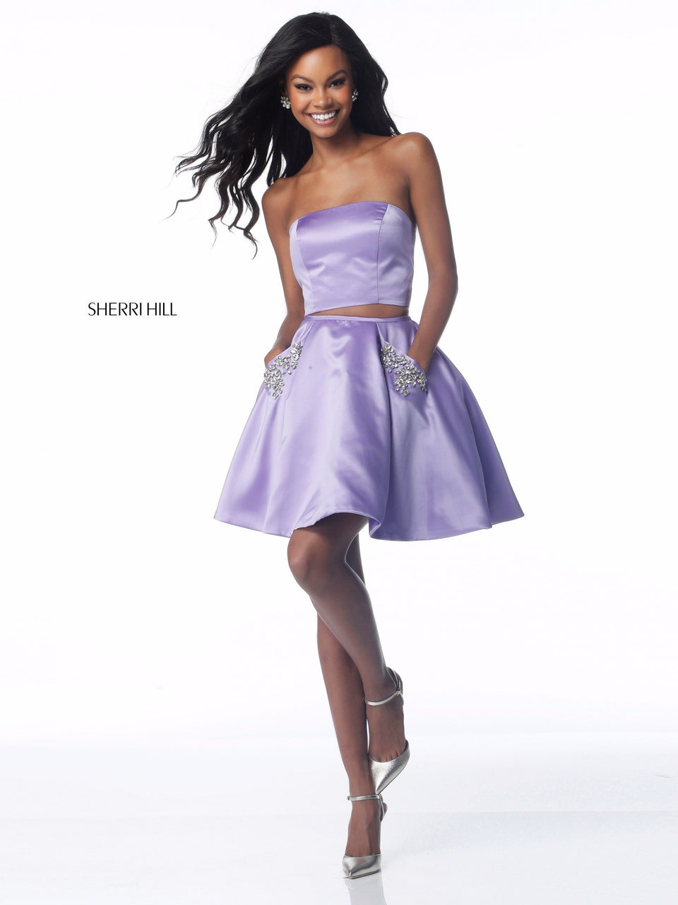sherri hill Satin two piece cocktail with strapless bodice and beaded pockets