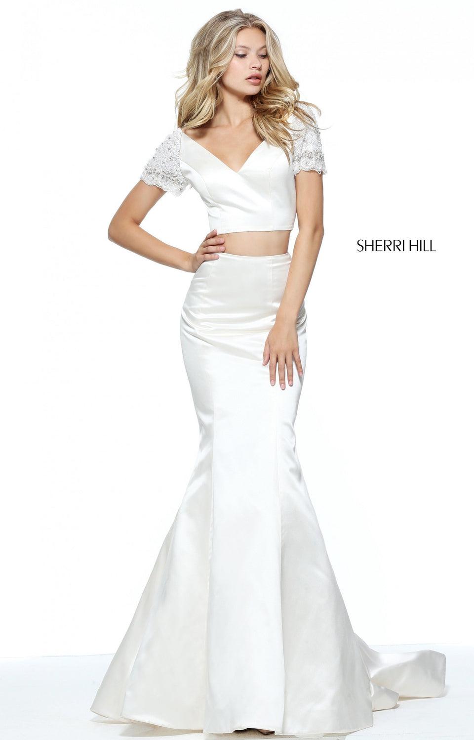 Sherri Hill Satin Two-piece Mermaid With A Short Sleeve Bodice And Beaded Sleeves