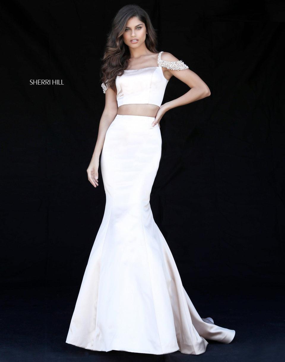 Sherri Hill Satin Two Piece Mermaid With Beaded Detail On Bodice Off-the-shoulder Straps
