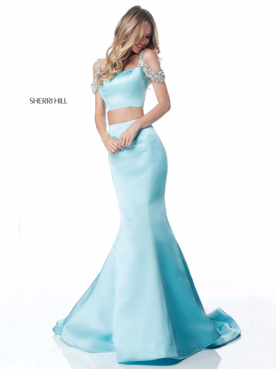 sherri hill Satin two piece mermaid with beaded detail on bodice off-the-shoulder straps