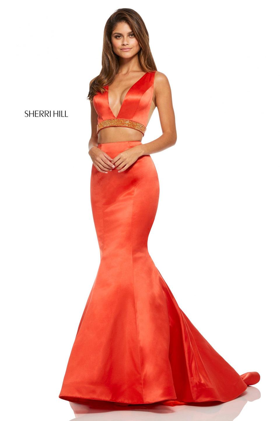 sherri hill Satin two-piece plunging neckline bodice with jewel encrusted waistband and mermaid skirt
