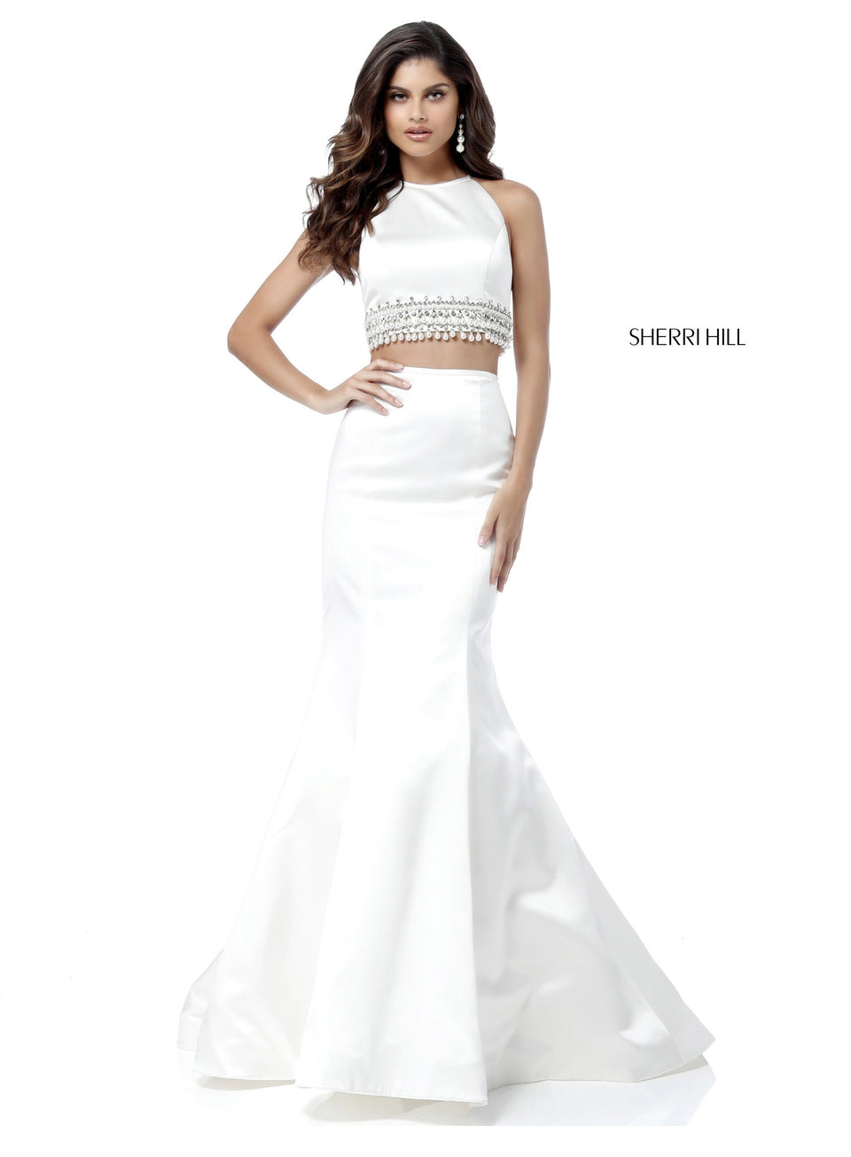 Sherri Hill Satin Two Piece With Bead And Pearl Encrusted Bodice And Mermaid Skirt
