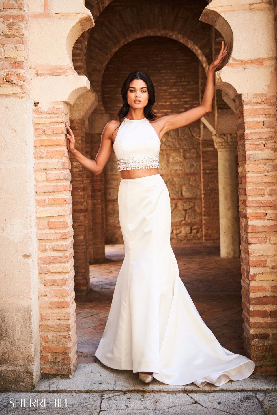 Sherri Hill Satin Two Piece With Bead And Pearl Encrusted Bodice And Mermaid Skirt