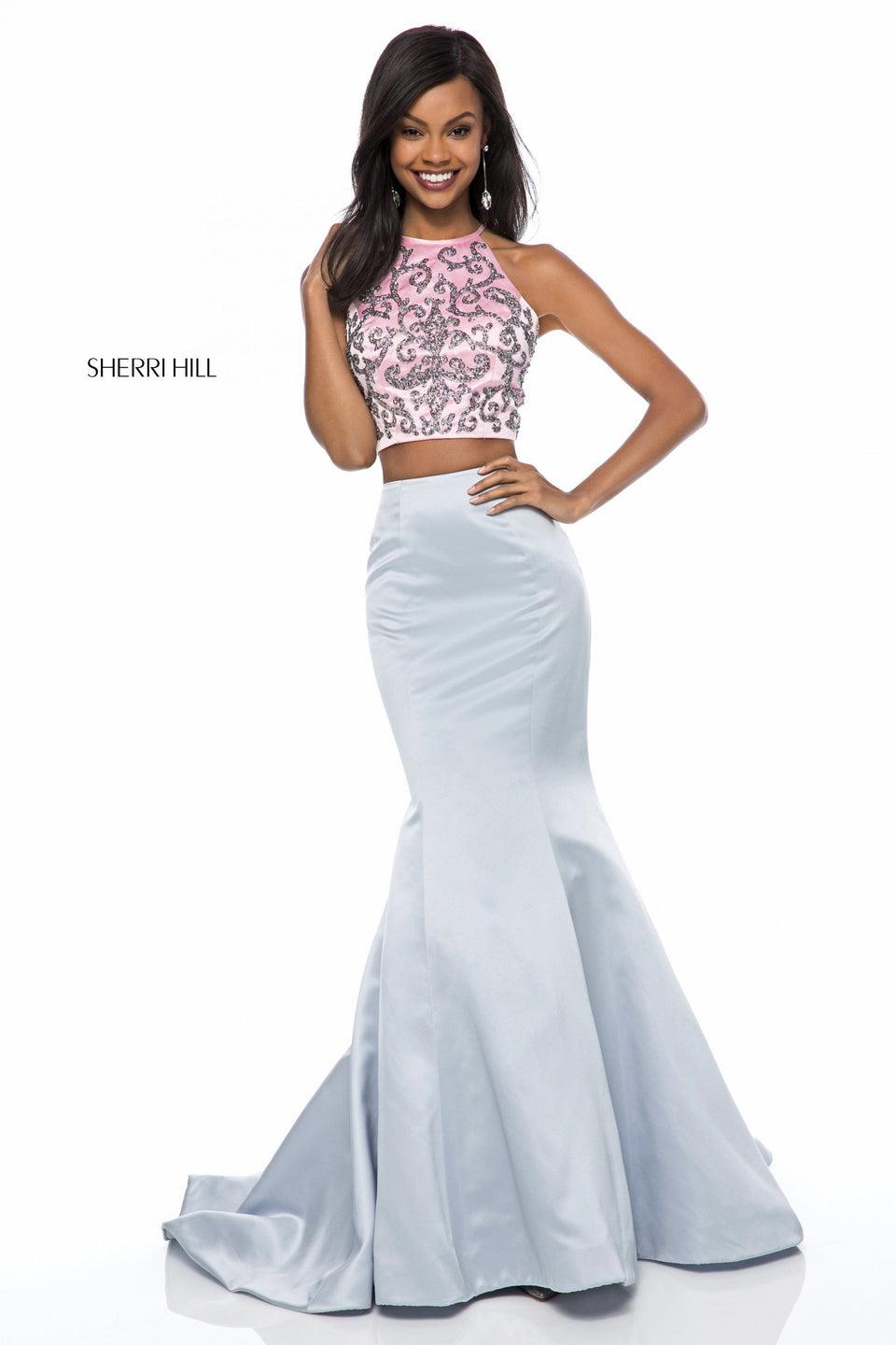 sherri hill Satin two piece with beaded bodice open back and mermaid skirt