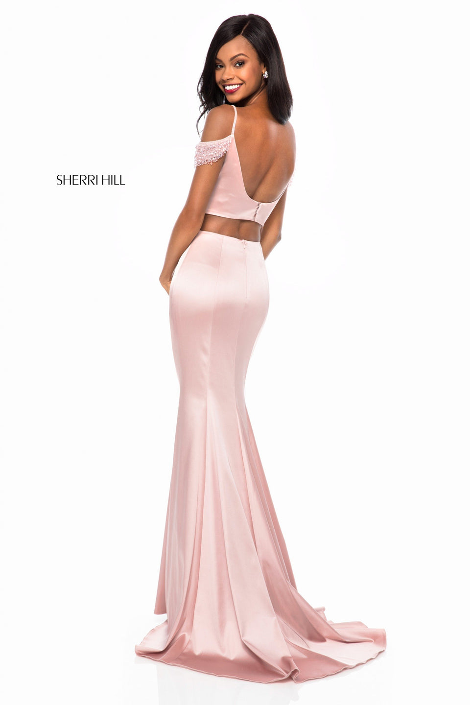 Sherri Hill Satin Two Piece With Beaded Off-the-shoulder Straps And Mermaid Skirt