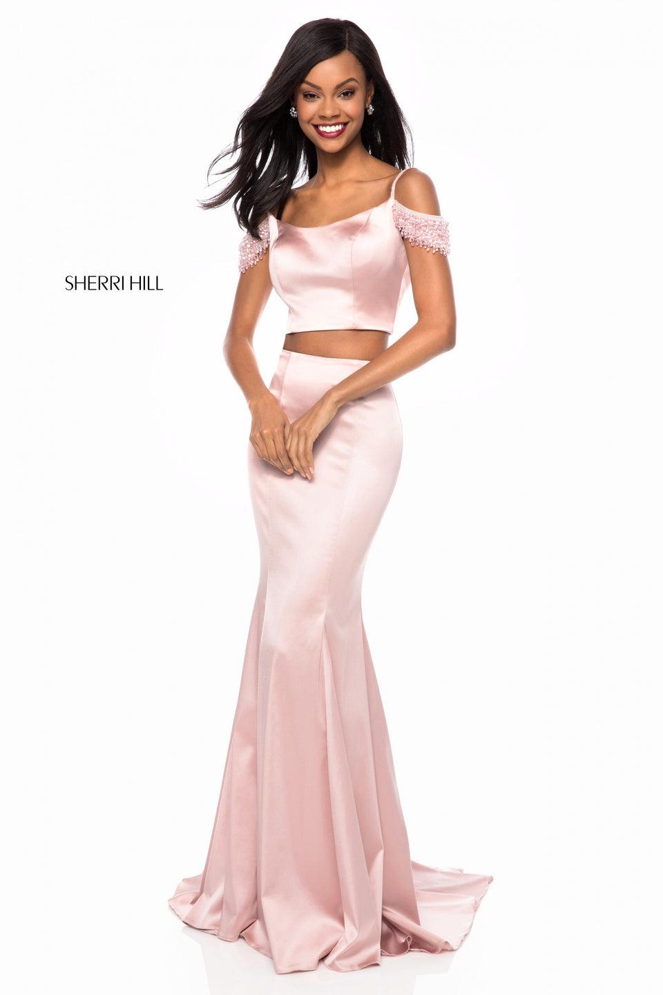 Sherri Hill Satin Two Piece With Beaded Off-the-shoulder Straps And Mermaid Skirt