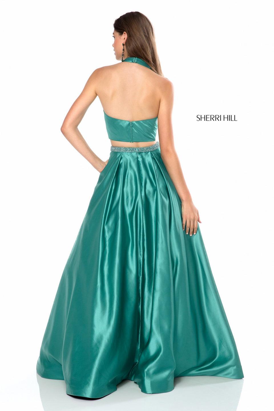 Sherri Hill Satin Two Piece With Deep V Halter Bodice And Ball Gown Skirt With Bead Encrusted Belt