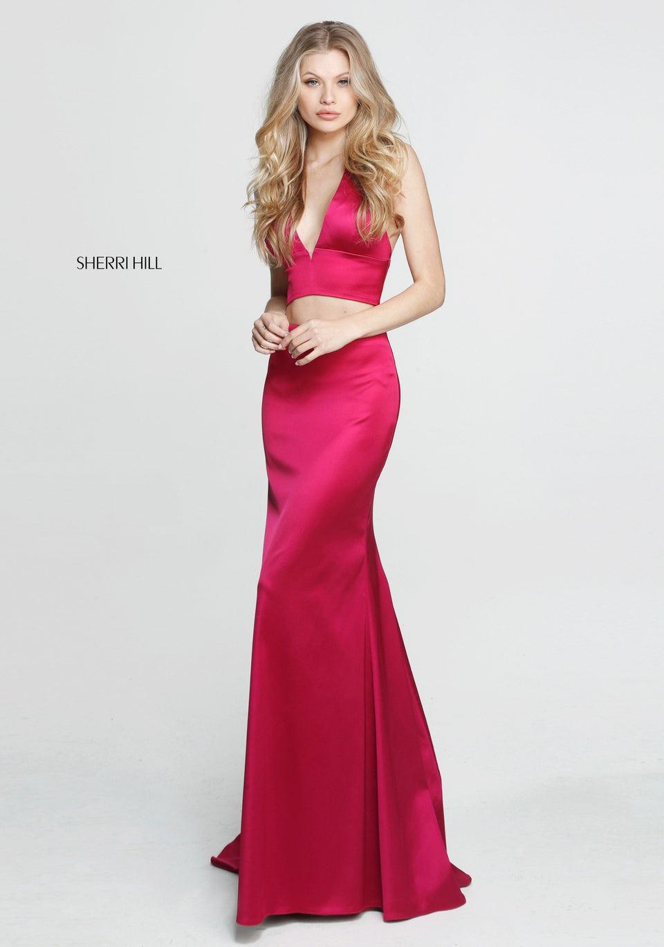 sherri hill Satin two piece with deep V halter bodice and slightly flared skirt