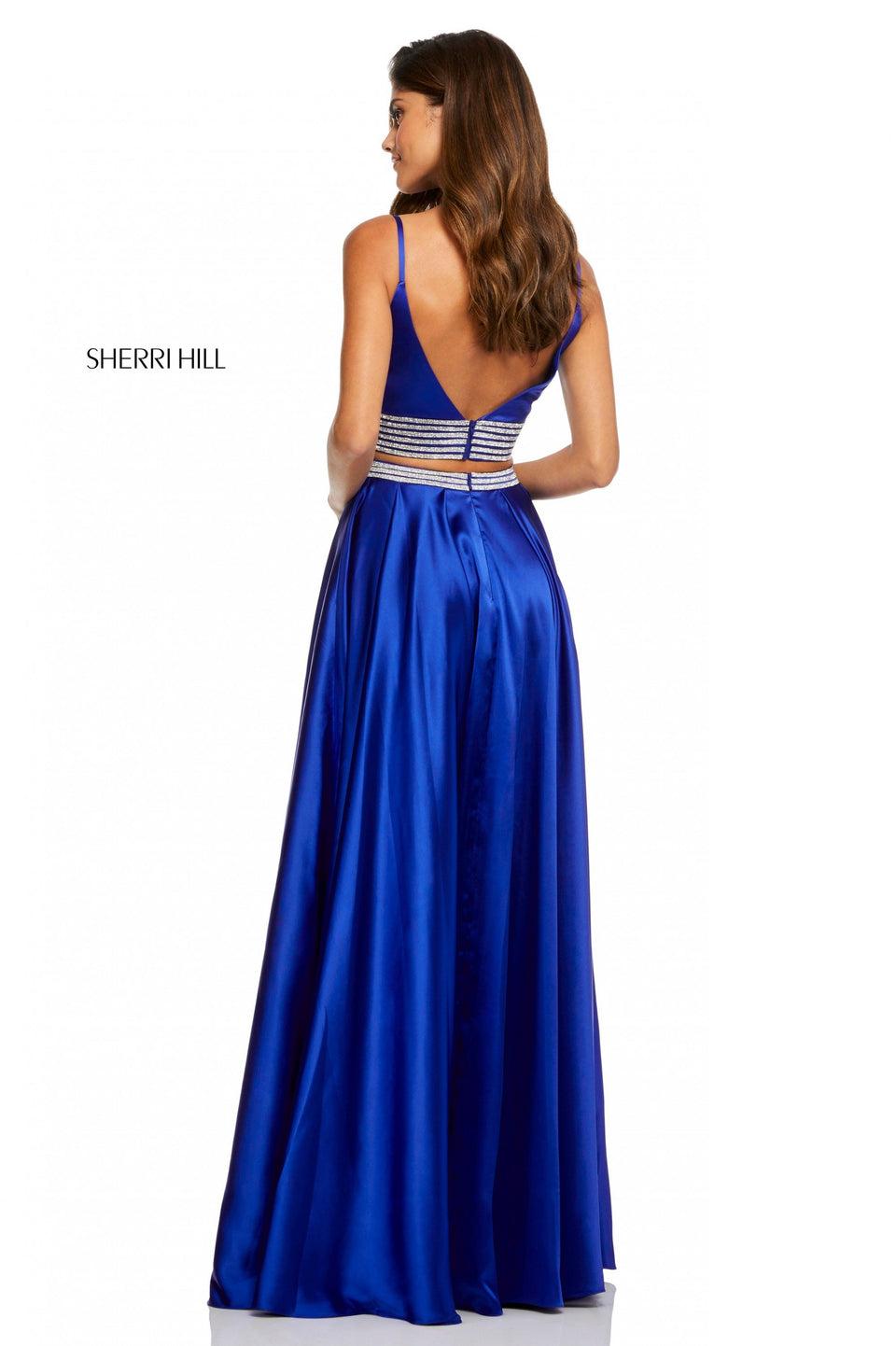 Sherri Hill Satin Two-piece With Deep-V Pleated Bust Line Bodice With Jewel Detailing And An A-line Satin Slit Skirt With Jeweled Waistband
