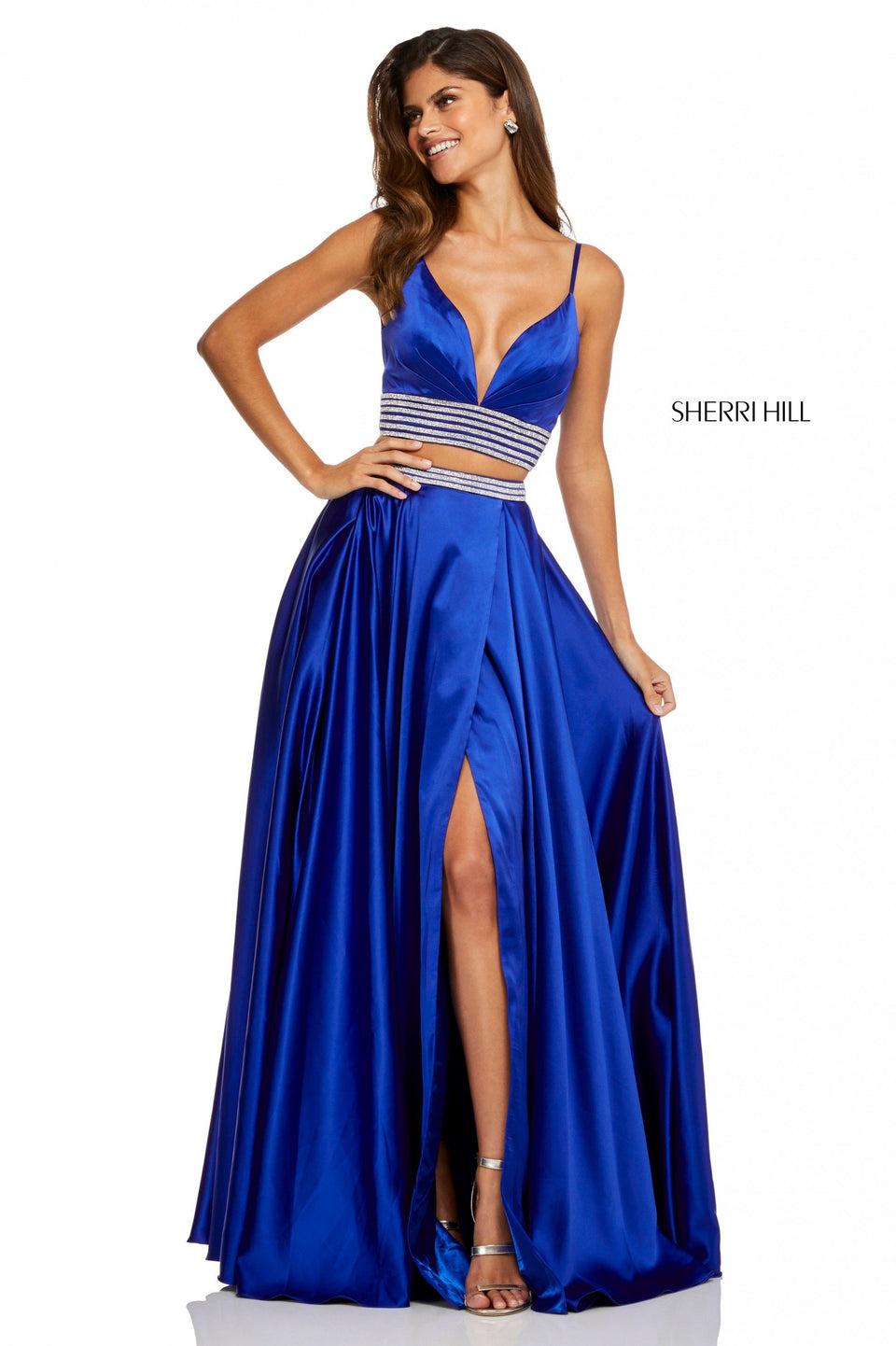 sherri hill Satin Two-piece with deep-V pleated bust line bodice with jewel detailing and an A-line satin slit skirt with jeweled waistband