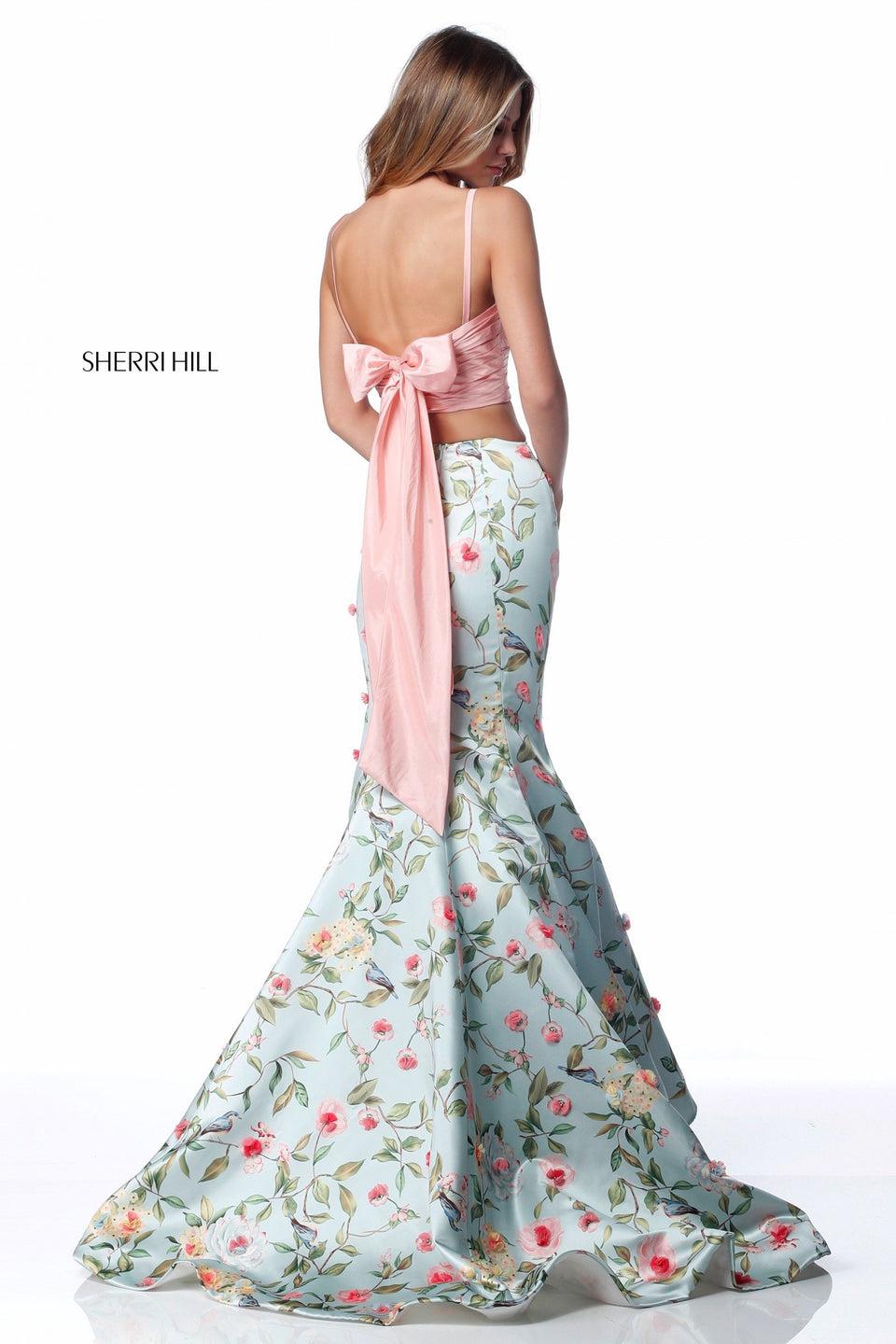 Sherri Hill Satin Two Piece With Front Cross Bodice And Floral Print Mermaid Skirt