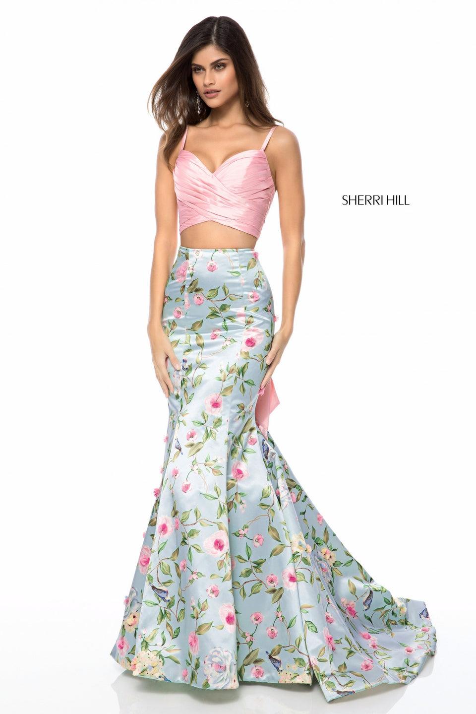 Sherri Hill Satin Two Piece With Front Cross Bodice And Floral Print Mermaid Skirt