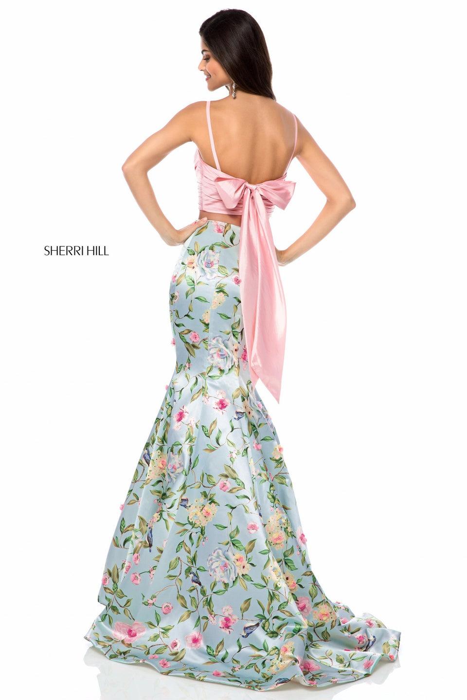 Sherri Hill Satin Two Piece With Front Cross Bodice And Floral Print Mermaid Skirt
