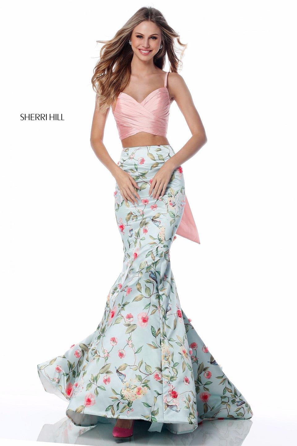 sherri hill Satin two piece with front cross bodice and floral print mermaid skirt