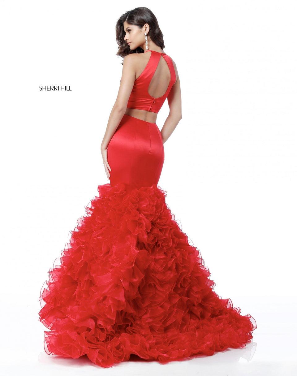 Sherri Hill Satin Two Piece With Open Back And Ruffled Tulle Mermaid Skirt