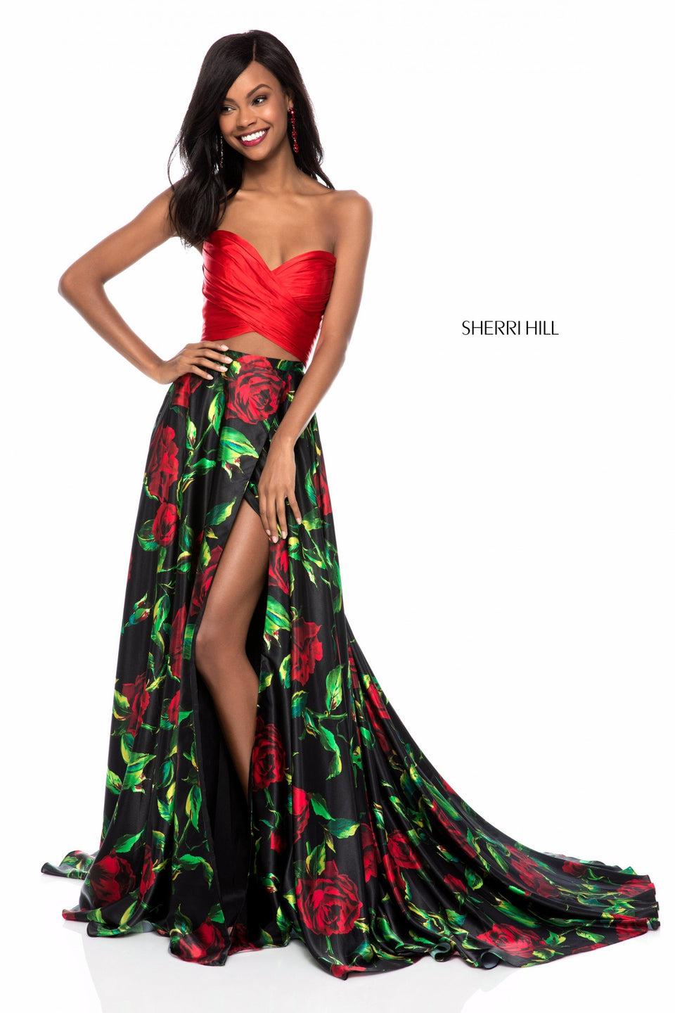 sherri hill Satin two piece with sweetheart bodice and floral A-line skirt