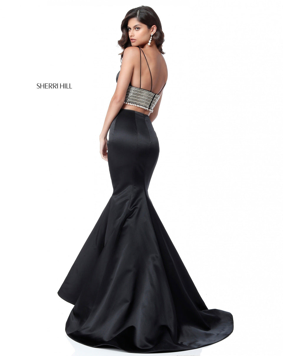 Sherri Hill Satin Two Piece With V Neck Pearl Encrusted Bodice And Mermaid Skirt