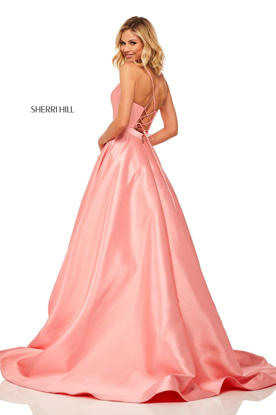 Sherri Hill Satin V-neck Ball Gown With Lace Up Back