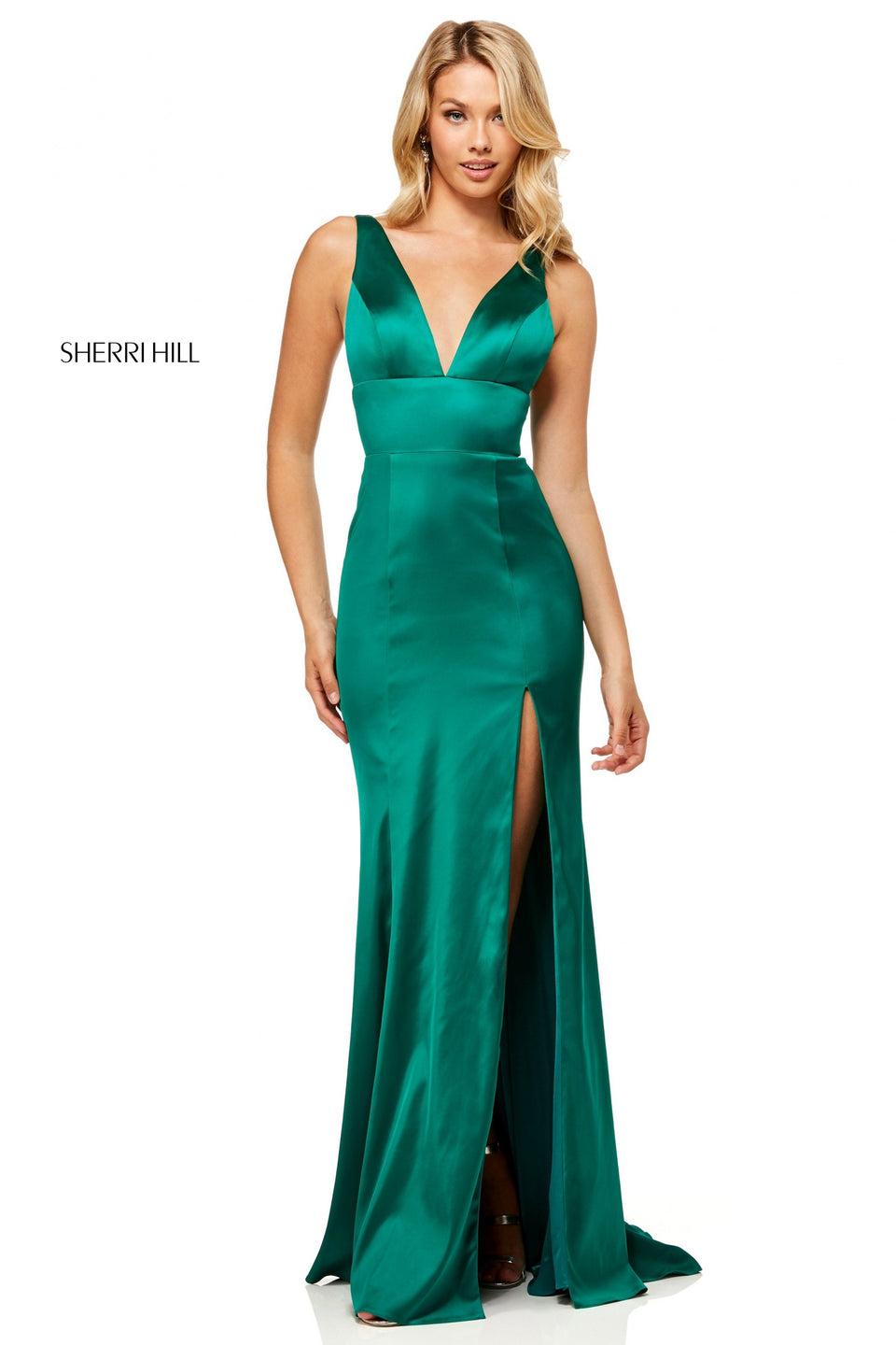 Sherri Hill Satin V-neck Sheath Dress With Side Slit