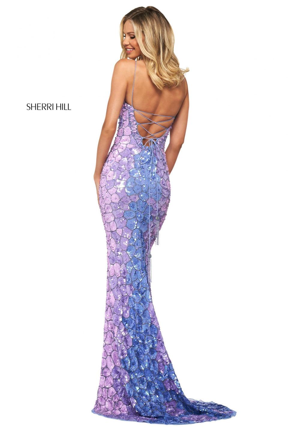 Sherri Hill Scale Pattern Sequins And Beaded Column Dress With Straight Neckline Spaghetti Straps And Lace Up Back