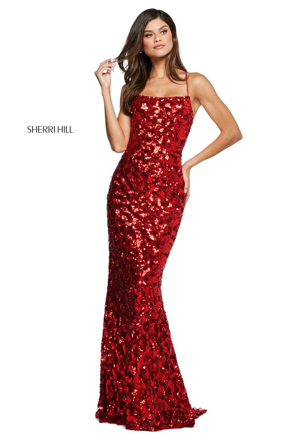 sherri hill Scale pattern sequins and beaded column dress with straight neckline spaghetti straps and lace up back