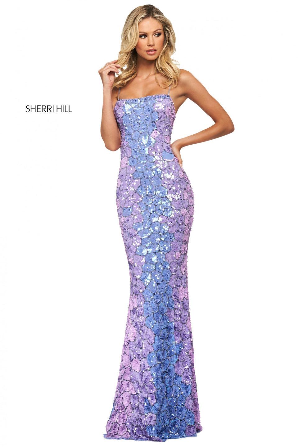 sherri hill Scale pattern sequins and beaded column dress with straight neckline spaghetti straps and lace up back