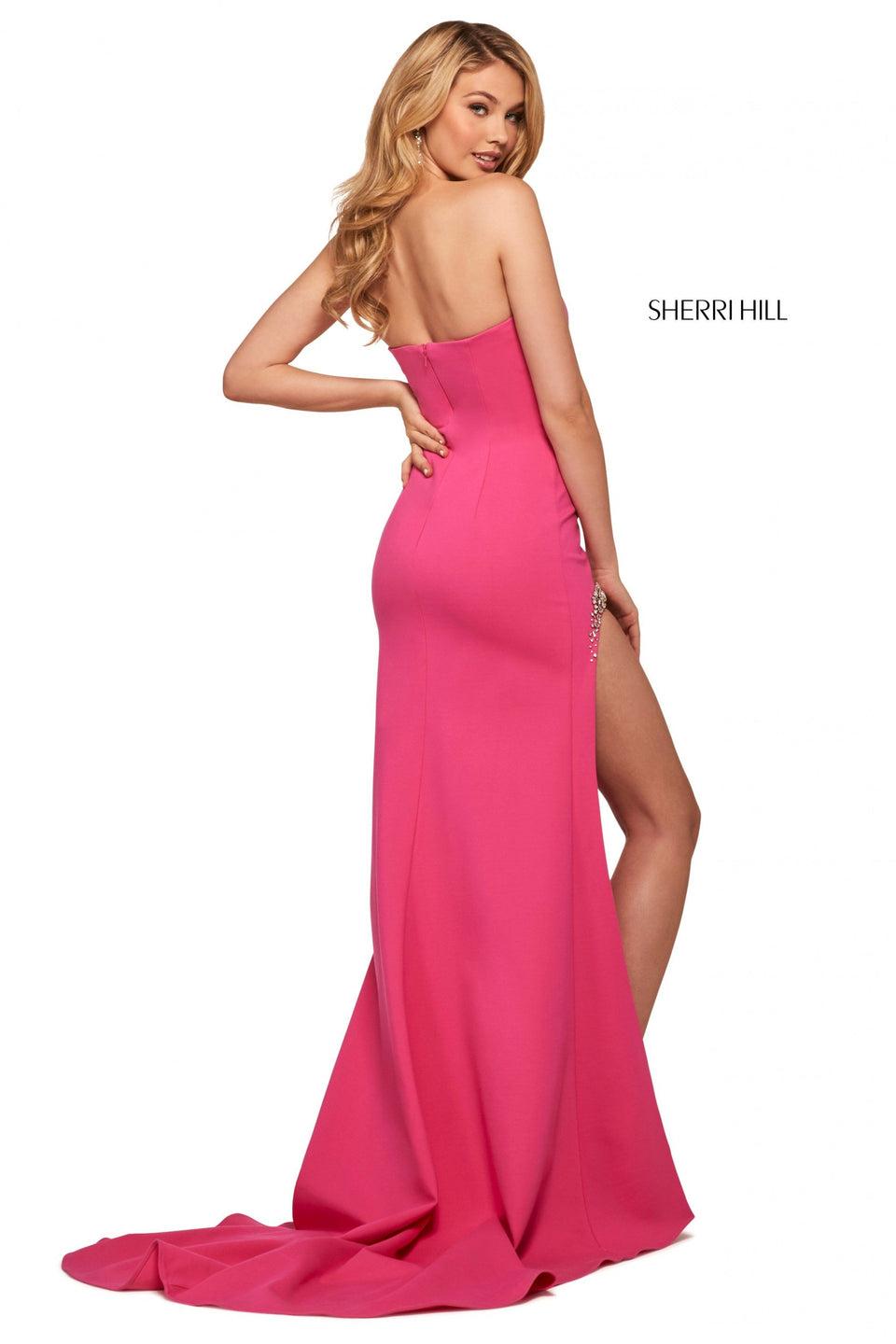 Sherri Hill Scuba Dress With Strapless Neckline And Embellished High Rounded Skirt Slit
