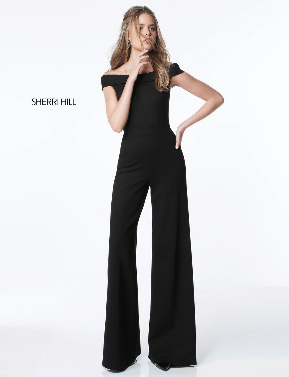Sherri Hill Scuba Jumpsuit With Off Shoulder Straps