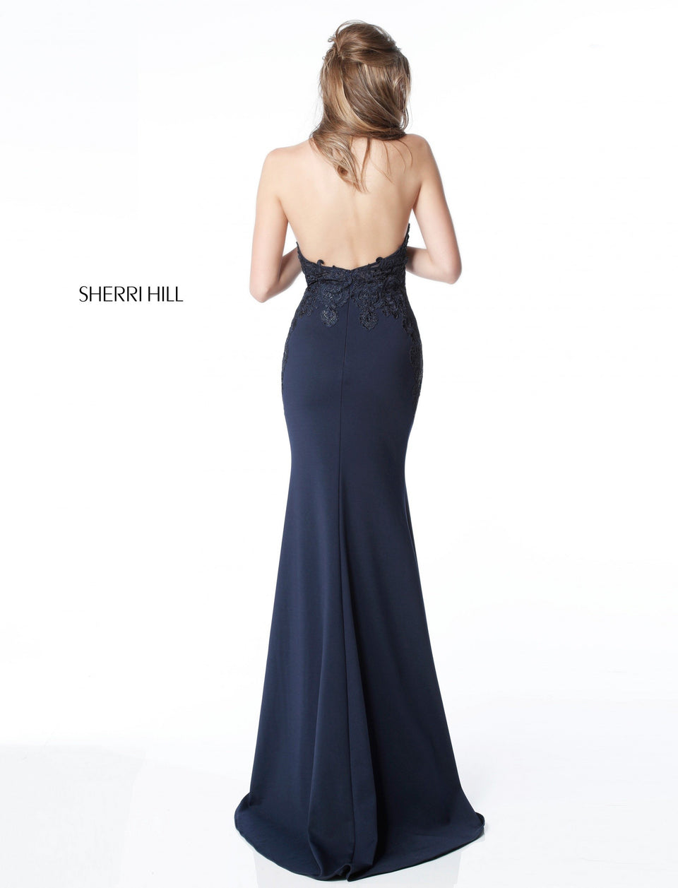 Sherri Hill Scuba Mermaid Gown With Lace Appliqued Halter Bodice