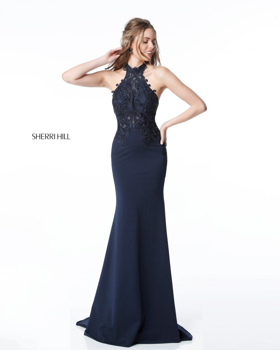 sherri hill Scuba mermaid gown with lace appliqued halter bodice