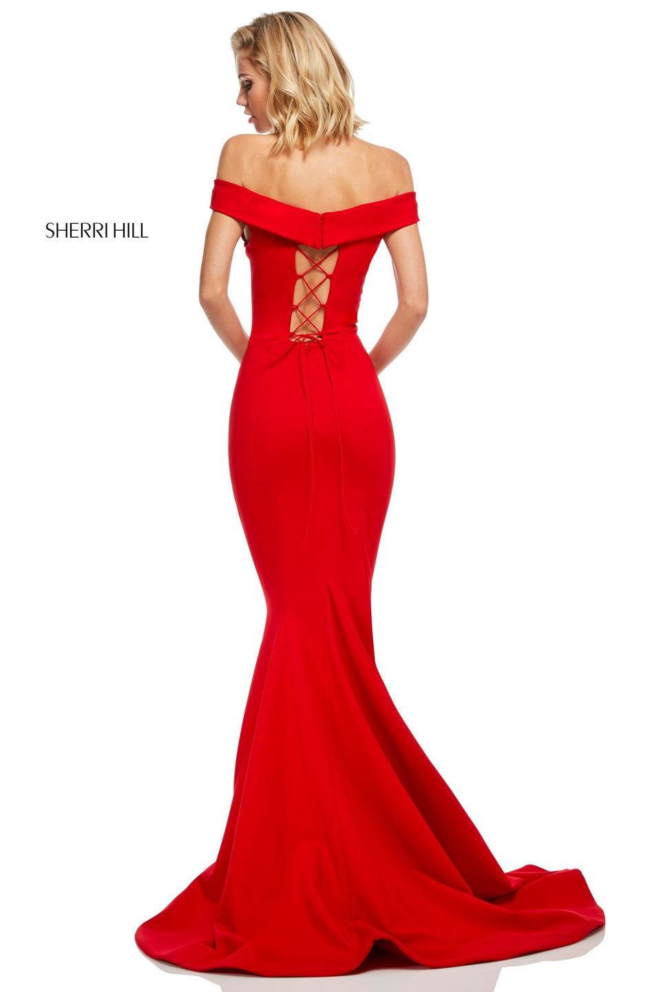 Sherri Hill Scuba Off-the-shoulder Mermaid Dress With Skirt Slit And Lace Up Back