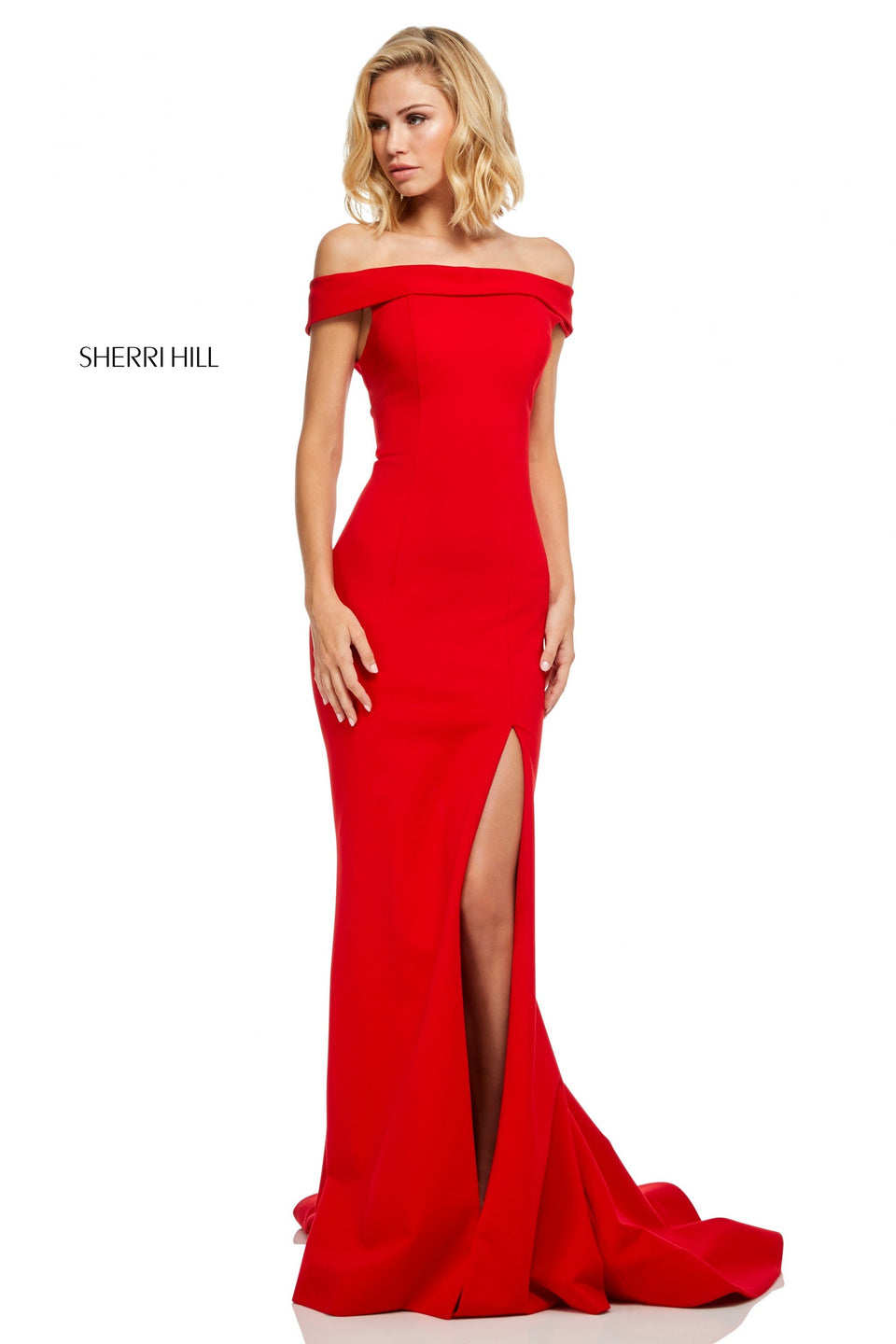 sherri hill Scuba off-the-shoulder mermaid dress with skirt slit and lace up back
