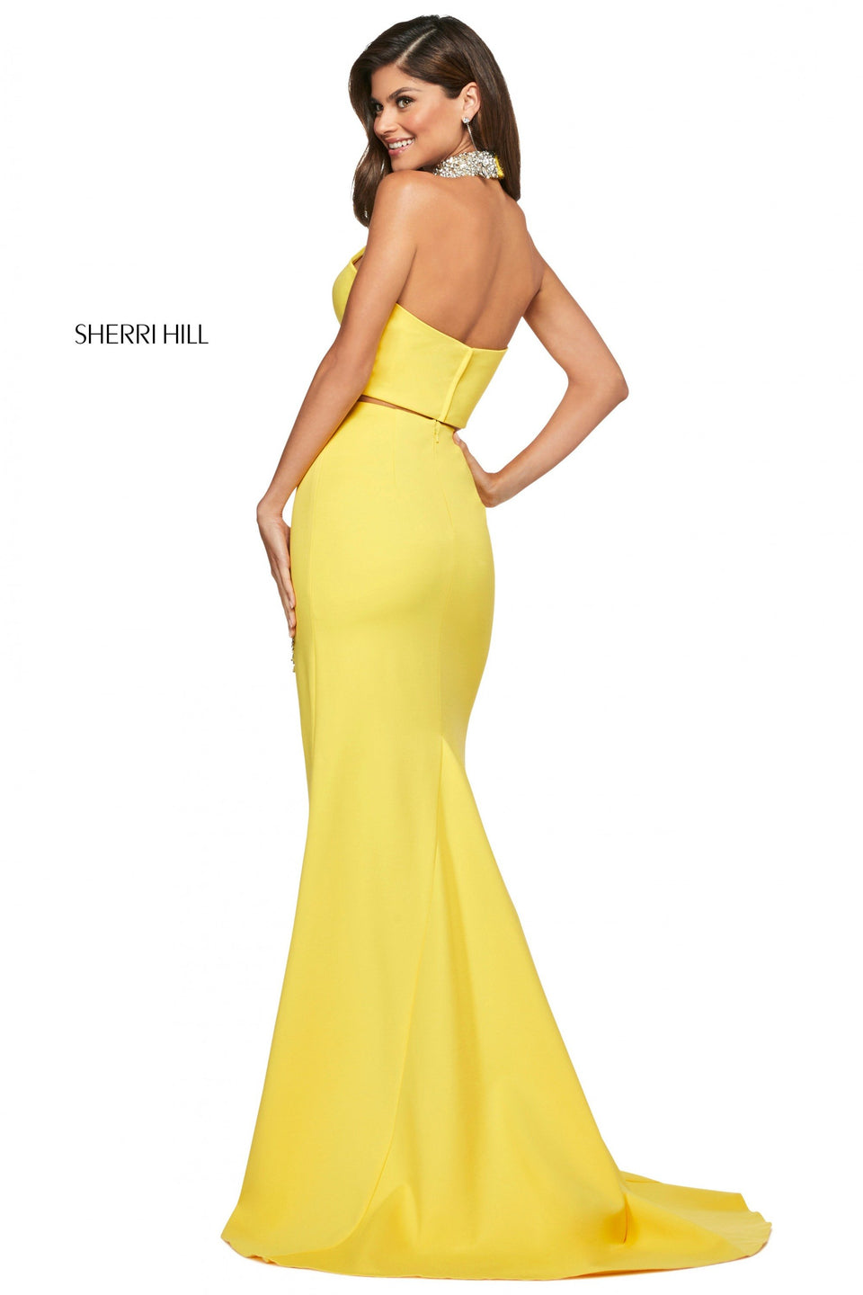 Sherri Hill Scuba Two Piece High Cut Halter Top With Beaded Neckline And Long Skirt With Rounded Slit Topped With Beading