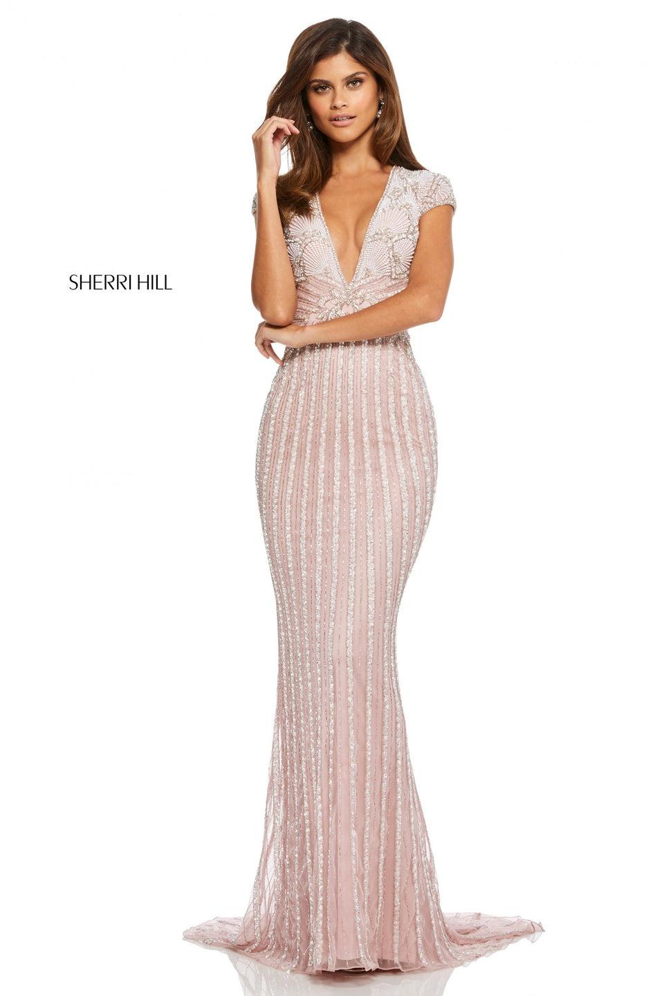 Sherri Hill Sequin And Beaded Column Dress With Deep-V Neckline With Cap Sleeves And An Open Back
