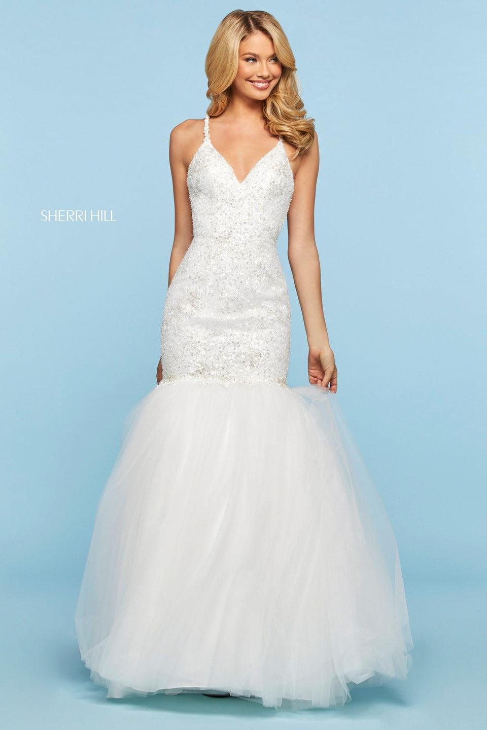 sherri hill Sequin and beaded tulle mermaid dress with V sweetheart neckline and ruched strap back