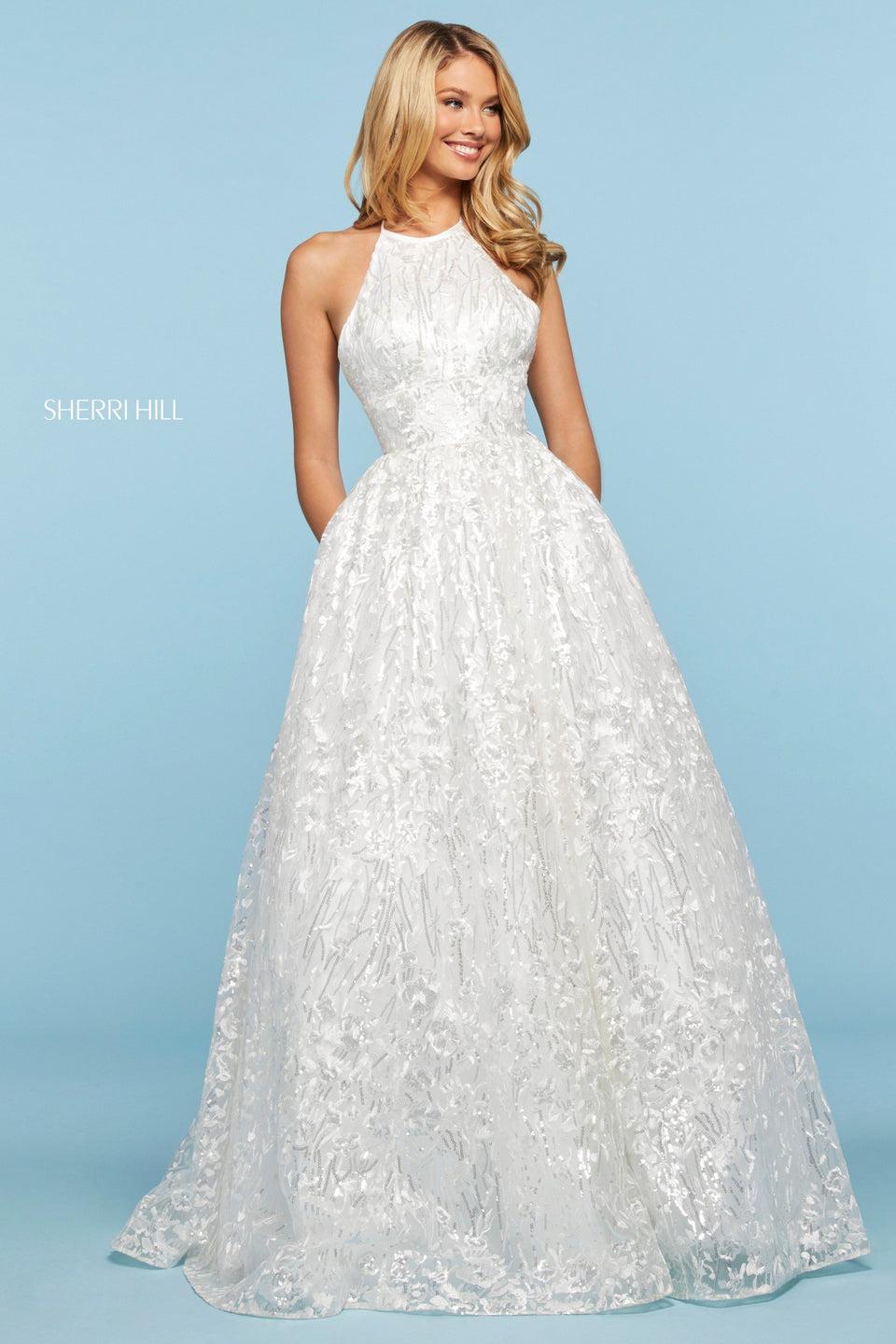 Sherri Hill Sequin And Embroidered Organza Ball Gown With High Cut Halter Neckline And Lace Up Back