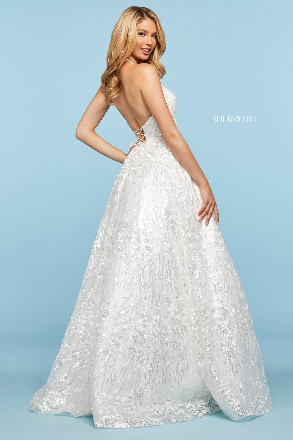 Sherri Hill Sequin And Embroidered Organza Ball Gown With High Cut Halter Neckline And Lace Up Back