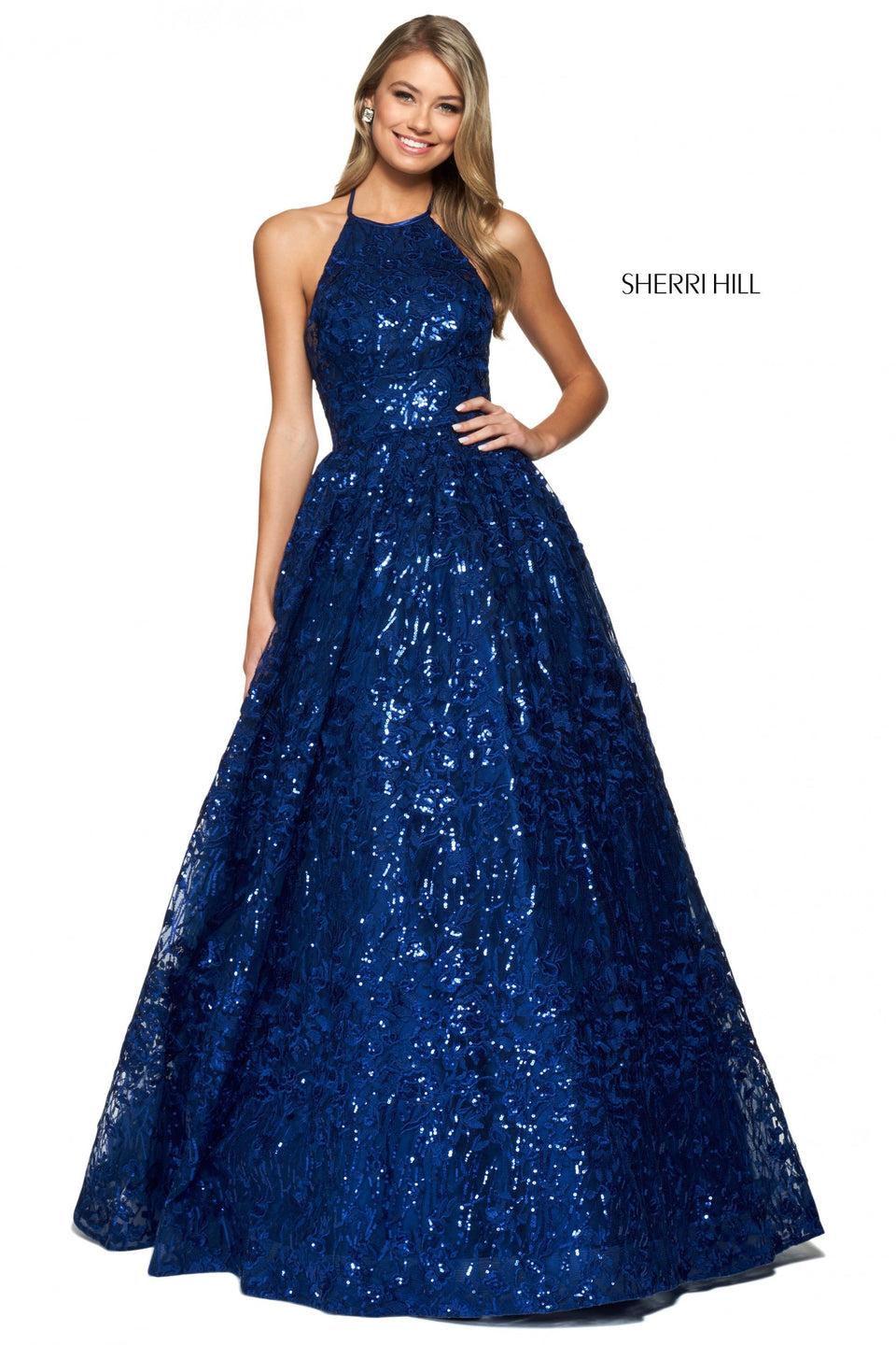 sherri hill Sequin and embroidered organza ball gown with high cut halter neckline and lace up back