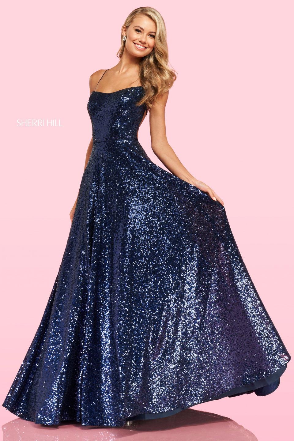 Sherri Hill Sequin Ball Gown With A Line Neckline And Thin Spaghetti Straps