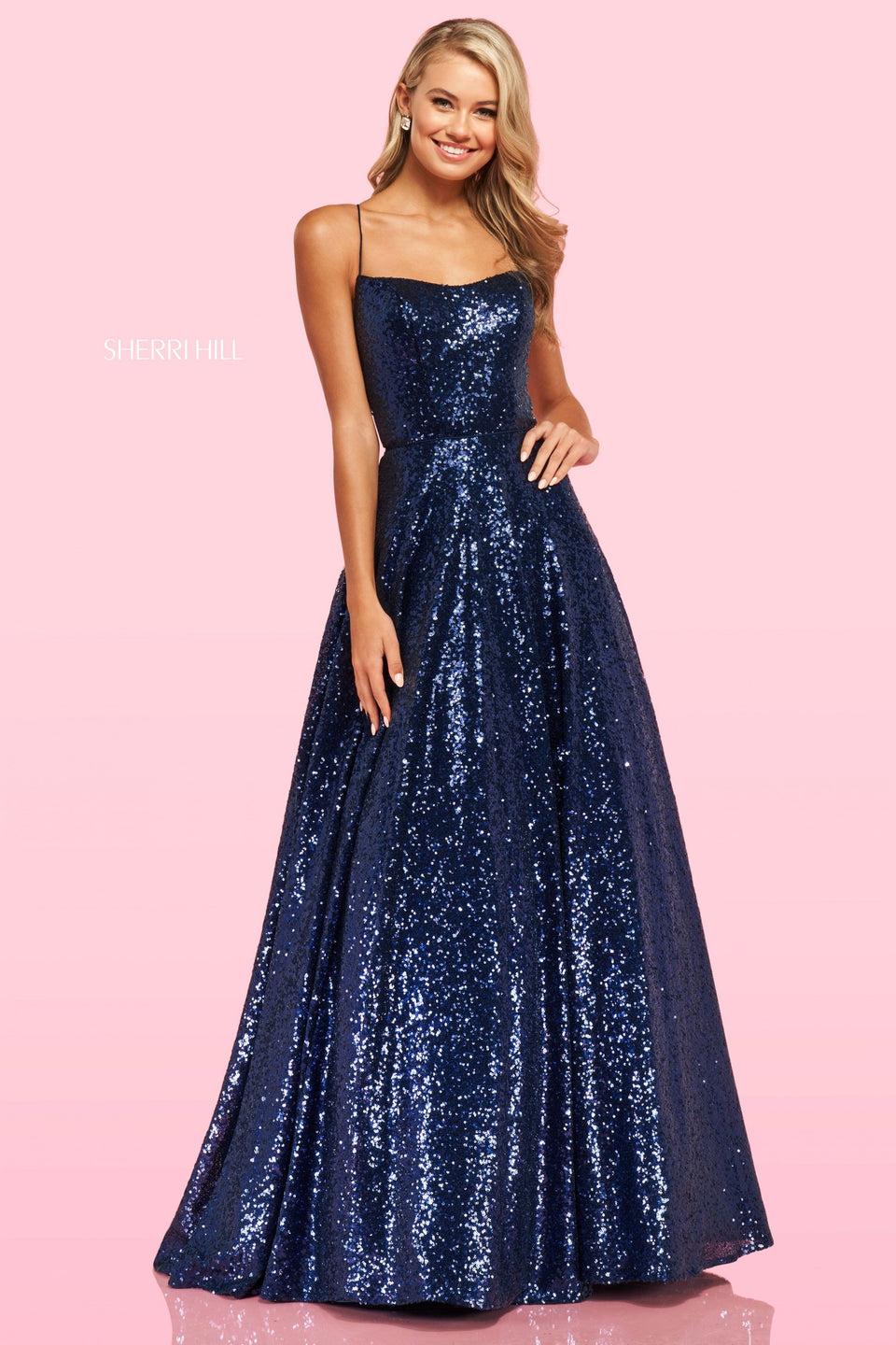 sherri hill Sequin ball gown with A line neckline and thin spaghetti straps