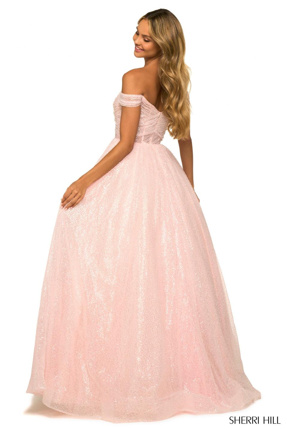 Sherri Hill Sequin Ballgown With Off The Shoulder Sleeves And Corset Bodice