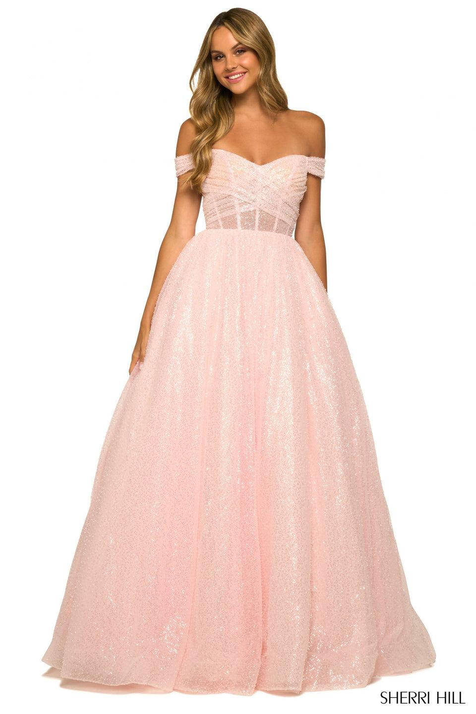 sherri hill Sequin ballgown with off the shoulder sleeves and corset bodice