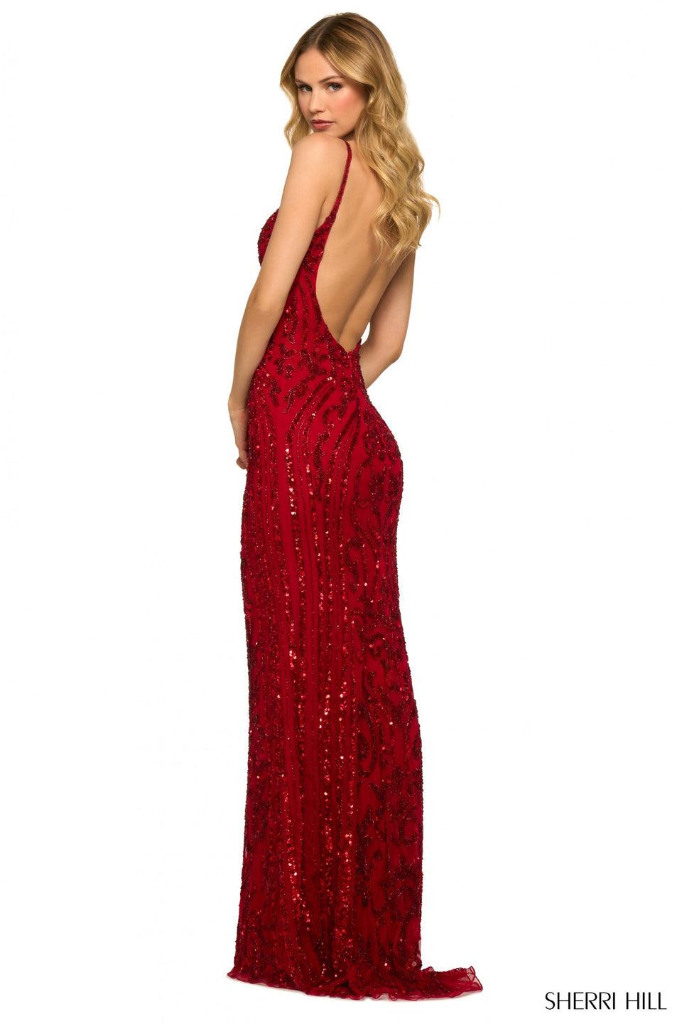Sherri Hill Sequin Beaded Fitted Gown With Deep V Illusion Neckline And Open Back